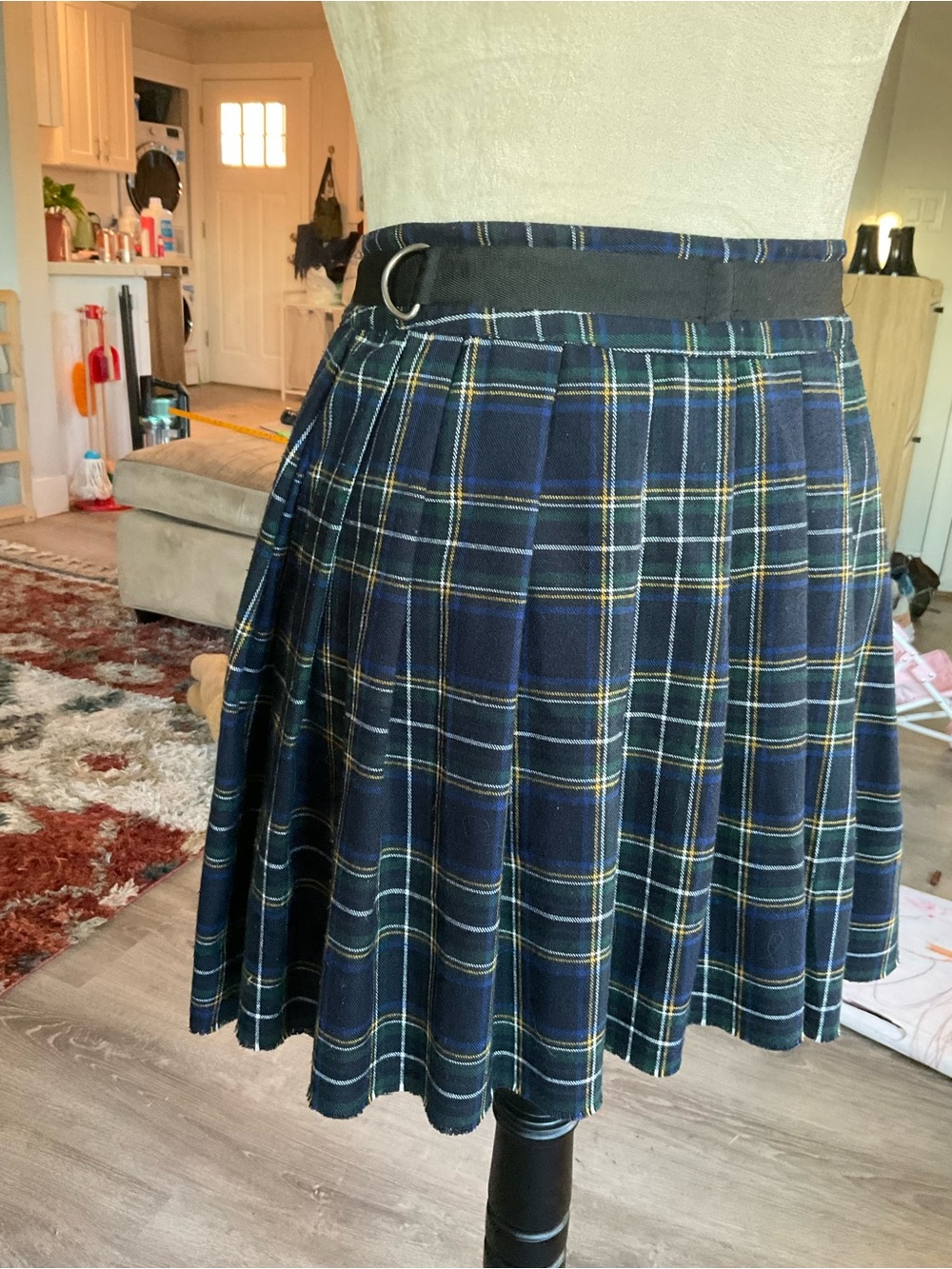 ⛓️Dolls Kill Current Mood Plaid Pleated Mini Skirt D-Ring Belt Medium Green Navy - Picture 3 of 6